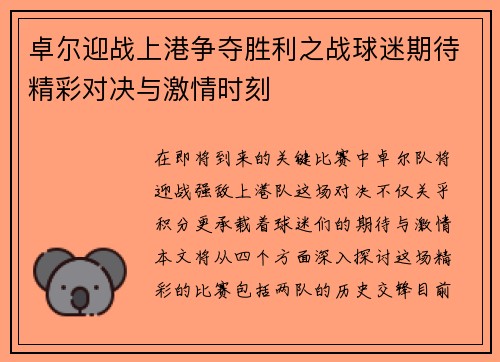 卓尔迎战上港争夺胜利之战球迷期待精彩对决与激情时刻